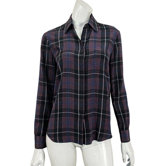 Jenni Kayne Silk Button up Blouse Maroon Blue Plaid Size XS - Picture 2 of 9